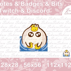 May include: A set of three animated emotes featuring a cartoon character with a round, white body, black eyes, and a pink blush. The character is wearing a blue and white striped shirt and is surrounded by blue waves. The emotes are available in three sizes: 28x28, 56x56, and 112x112 pixels.