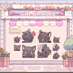 Pode incluir: Uma loja digital com uma marquise rosa e o texto "Cat Emotes" acima de uma coleção de emoticons de gatos animados em vários tamanhos. Os emoticons incluem um gato com uma flor, um gato rindo, um gato com uma expressão de surpresa e um gato com um X sobre os olhos. O texto "Download instantâneo" é visível em uma placa pendurada na marquise.