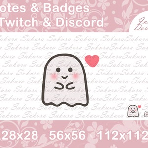 May include: A white ghost emoji with a pink blush and a heart above its head. The ghost is holding its hands together in front of its chest. The background is pink with a white floral pattern and the text "Emotes & Badges Twitch & Discord" at the top. The text "28x28 56x56 112x112" is at the bottom.