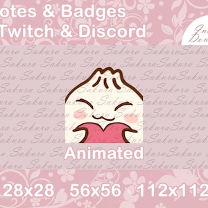 May include: Animated emote of a white cartoon character with a pink heart in its hands. The character has a round face with a small mouth and closed eyes. The background is pink with a floral pattern and the text "Emotes & Badges Twitch & Discord" at the top. The text "Animated" is below the character and the text "28x28 56x56 112x112" is at the bottom.