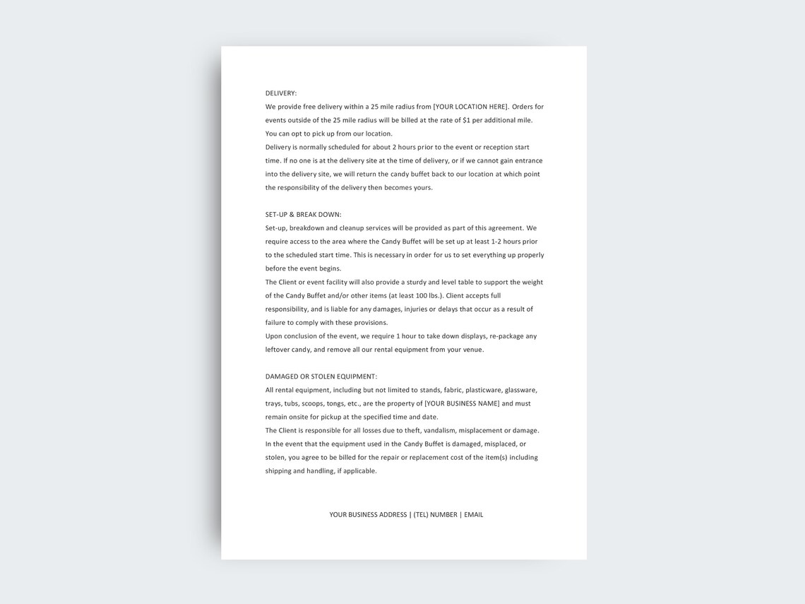 Candy Buffet Contract Template Dessert Table Terms & Etsy