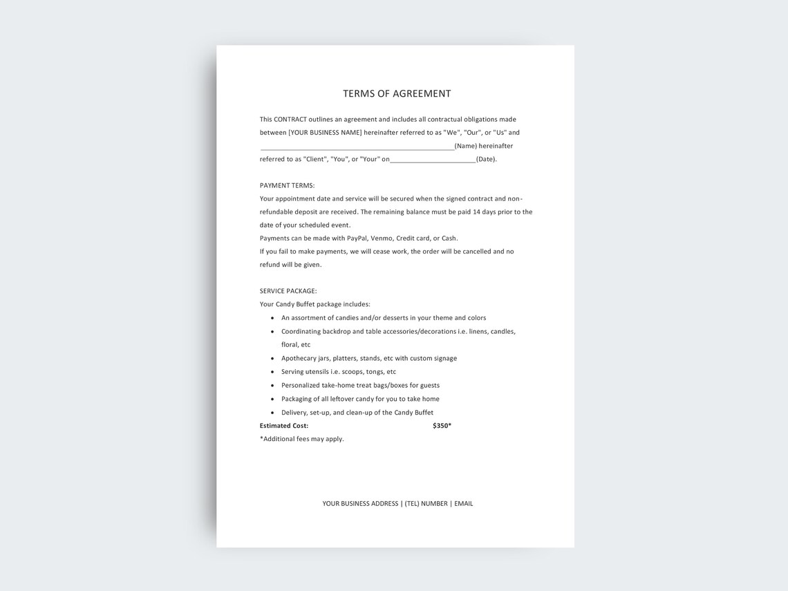 Candy Buffet Contract Template Dessert Table Terms & Etsy