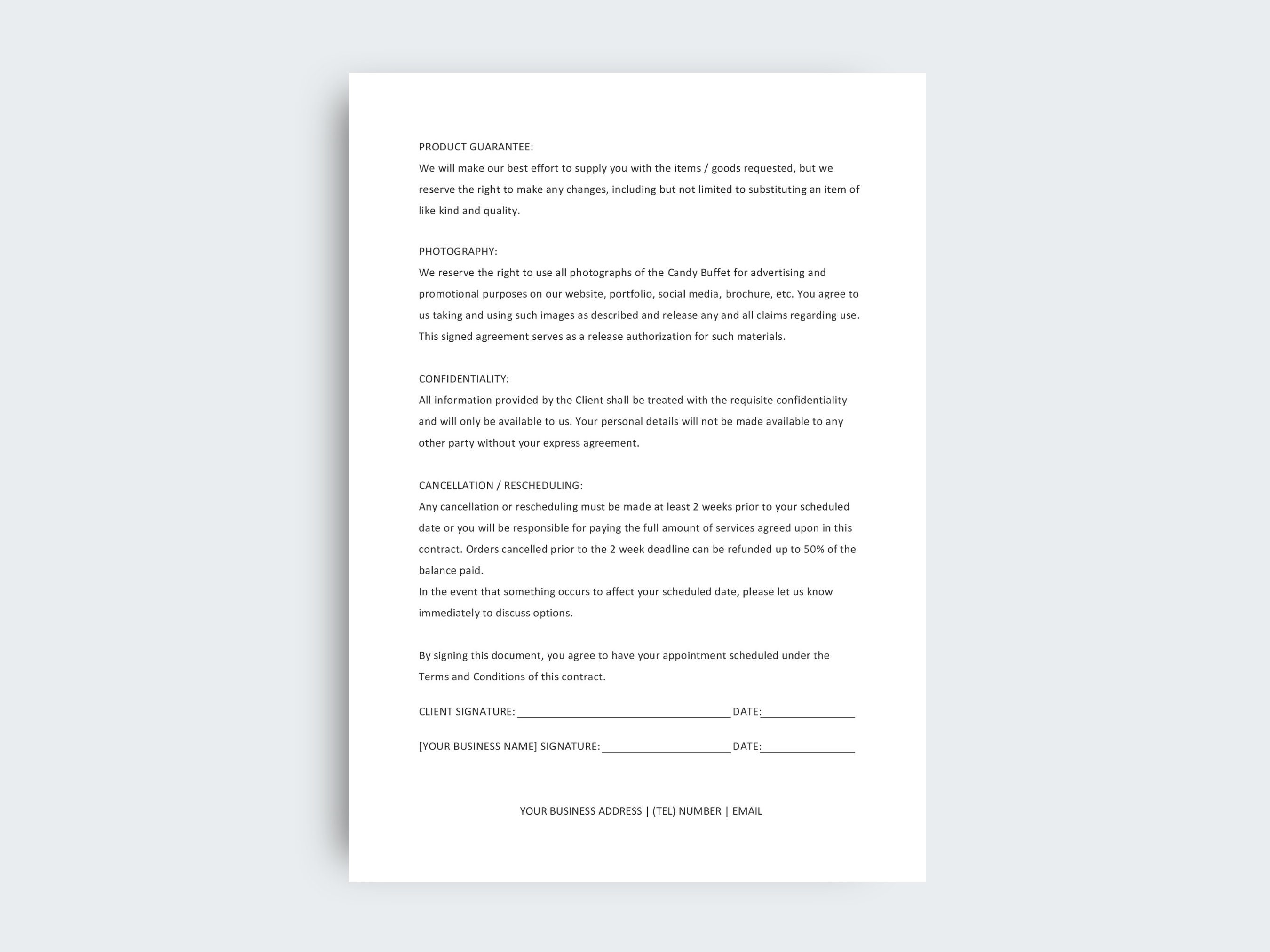 Candy Buffet Contract Template Dessert Table Terms & Conditions Party