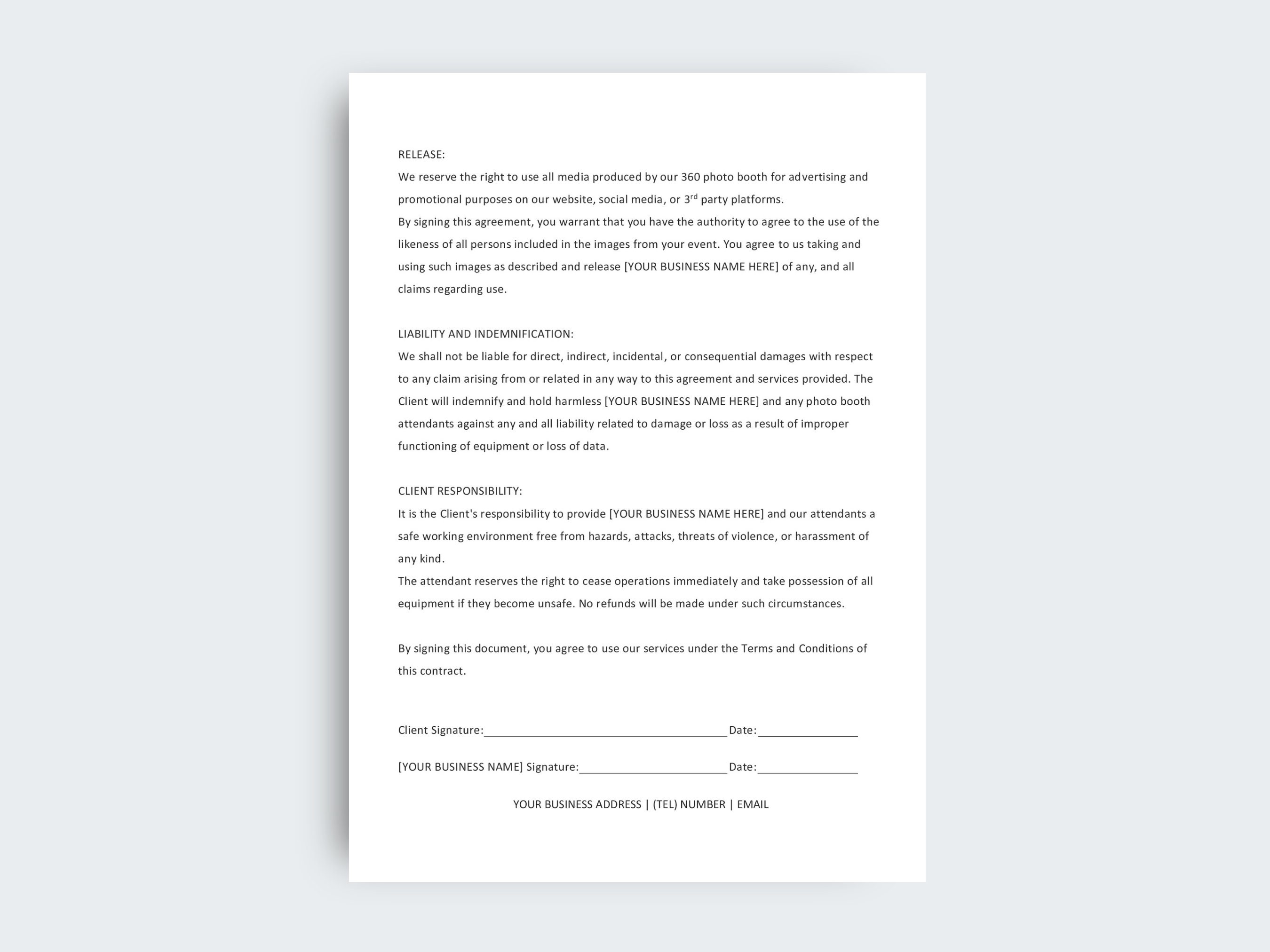 360 Photo Booth Contract Template Video Booth Rental Etsy Canada