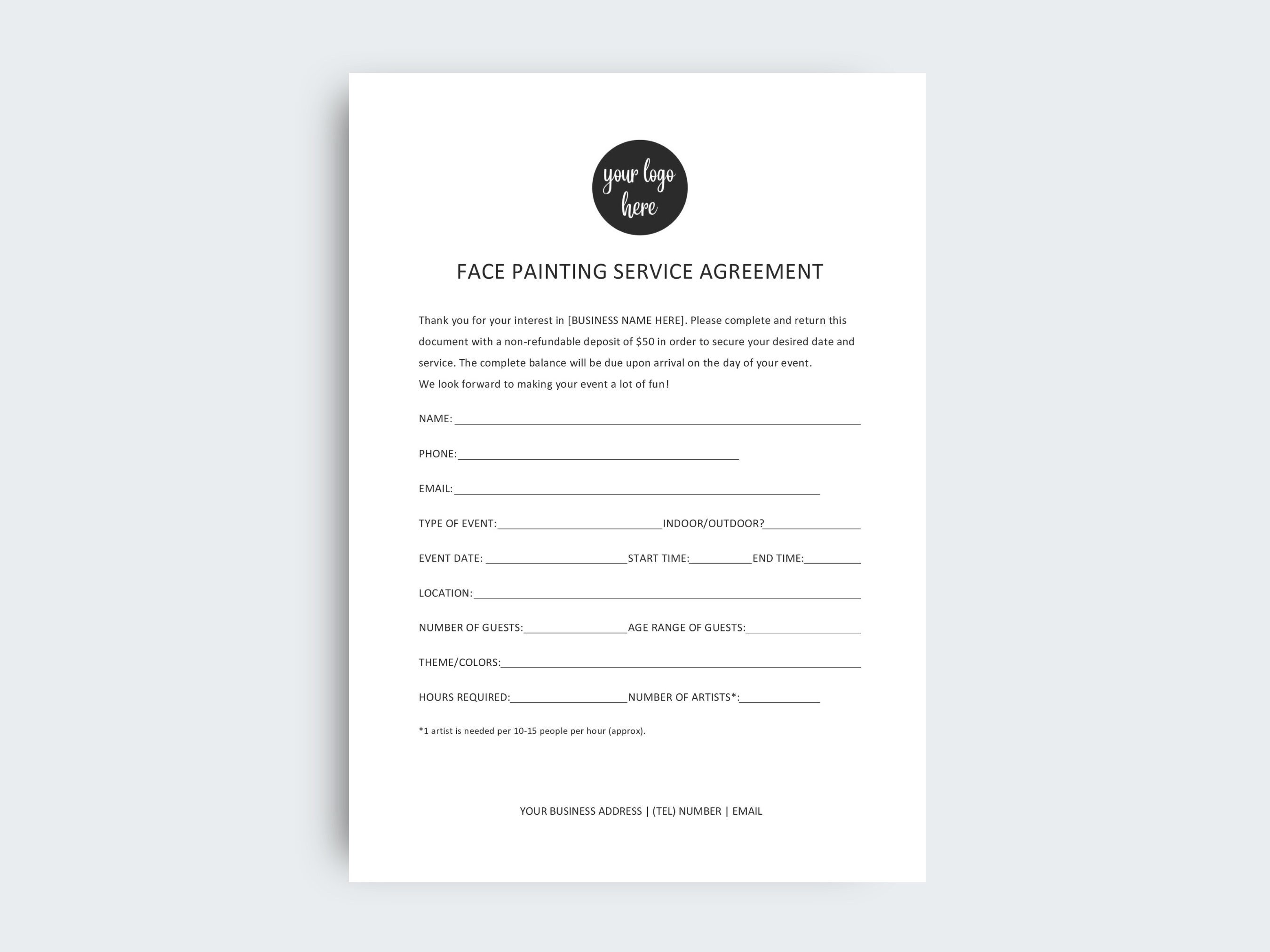 Face Painting Contract Face Painter Contract Agreement Etsy UK