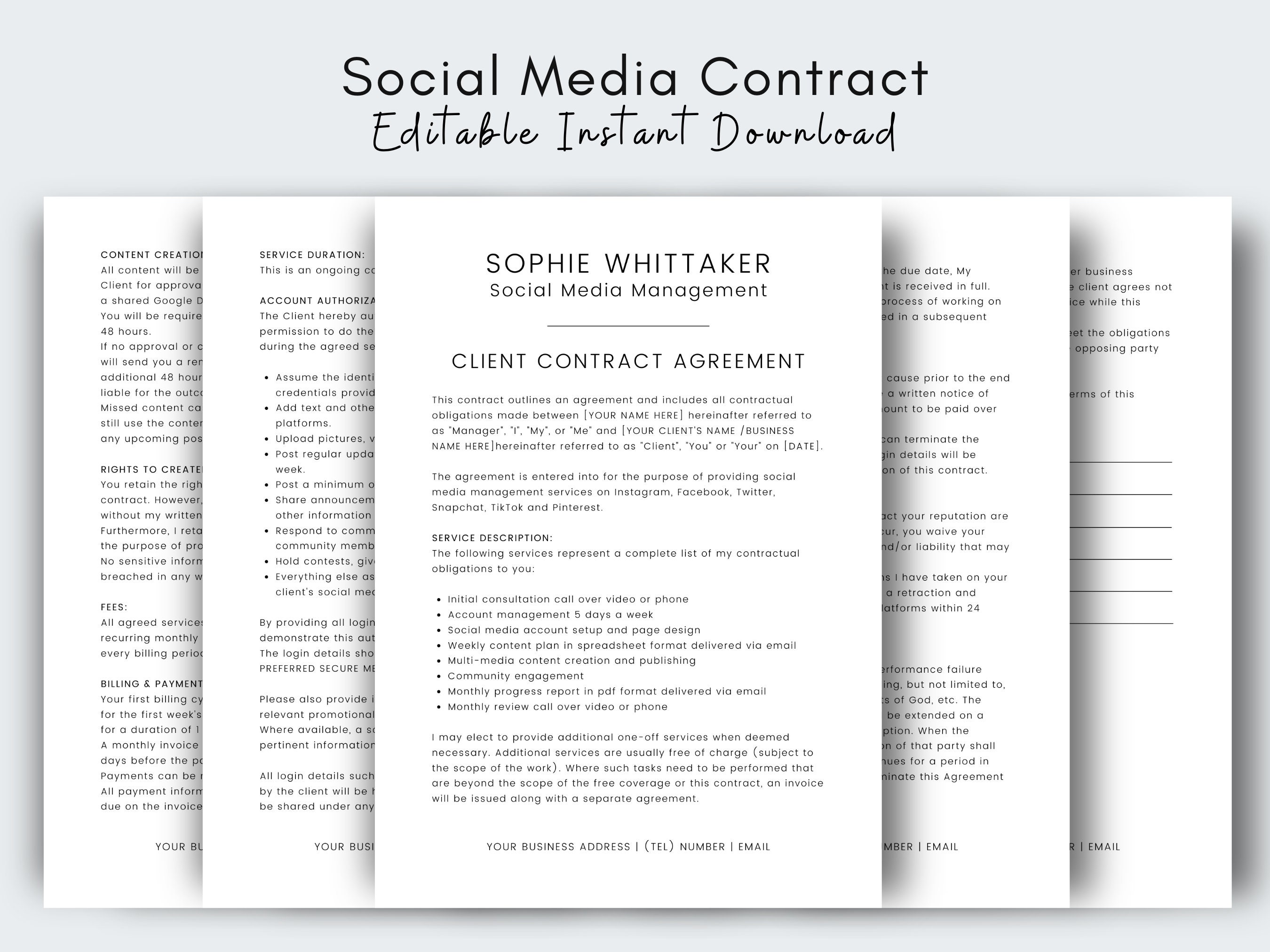 Freelance Social Media Manager Contract Template Social Media Etsy
