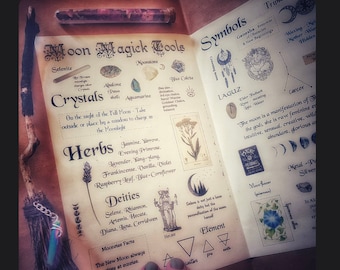 May include: A page from a book about moon magic, featuring illustrations of crystals, herbs, deities, and symbols. The page is decorated with a hand-drawn moon and stars. The text includes the words "Moon Magick Tools", "Crystals", "Herbs", "Deities", "Symbols", "Element", and "Moonrise Facts".