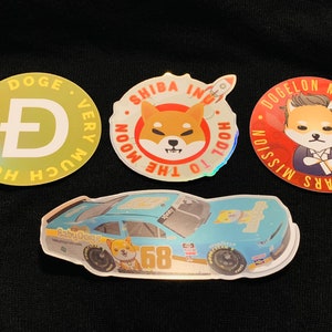 Crypto Stickers - Set of 4 holographic and mirror finish stickers Dogecoin Shiba Inu Dogelon Mars Baby Doge - meme coin stickers