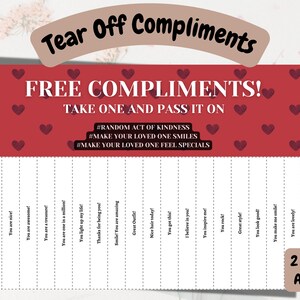 Afscheurbare complimenten Afdrukbare gratis complimentenbladen Willekeurige daad van vriendelijkheid Activiteiten voor familie en vrienden Gratis complimentenkaarten