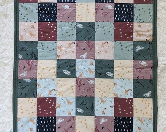 Butterflies, Foxes, and Owls Organic Patchwork Quilt. Backed with Organic Cotton Sherpa