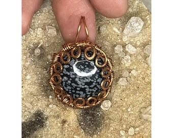 Snowflake Obsidian Handcrafted Wire Wrapped Copper Bohemian Amulet Pendant