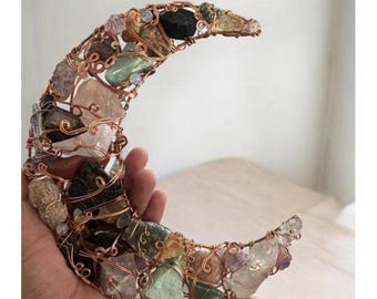 Handmade Crescent Moon Crystal Copper Wire Suncatcher, Bohemian Decor