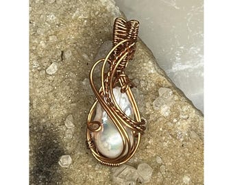 Handcrafted Wire Wrapped Copper Pendant with Baroque White Pearl Teardrop