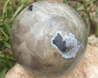 Volcano Agate Crystal Healing Sphere Gray and Black Patterns Mineral Display