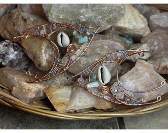Handmade Elf Ears Copper Wire,  Moonstone, Amazonite, Quartz, Cowrie Shell