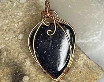 Blue Goldstone Handcrafted Wire Wrapped Copper Pendant with guitar pick Stone