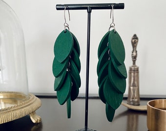 EVERGREEN leaf shaped wooden earrings with stainless steel earring hooks by SaraBokwallDesign.