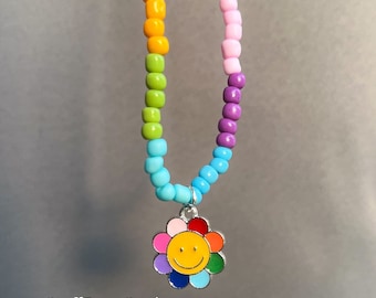 Rainbow Smiley Necklace | Beaded Necklace | Handmade Beaded Necklace | Trendy Necklace | Preppy Beads | Czech Seed Bead | Summer Trends
