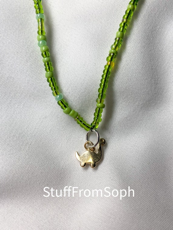 Dainty Seed Bead Necklace, Czech Seed Bead Jewelry, Multi-Color Choker, Mixed Bead Choker, Dinosaur Charm