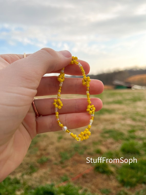 Beaded Flower Bracelet Handmade Jewelry Yellow Daisy Indie