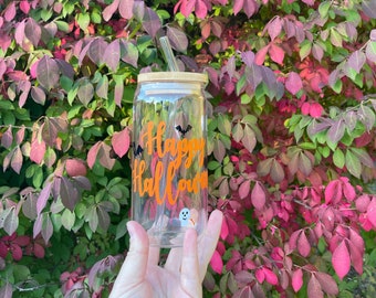 Happy Halloween Beer Can Glass with Straw & Bamboo Lid