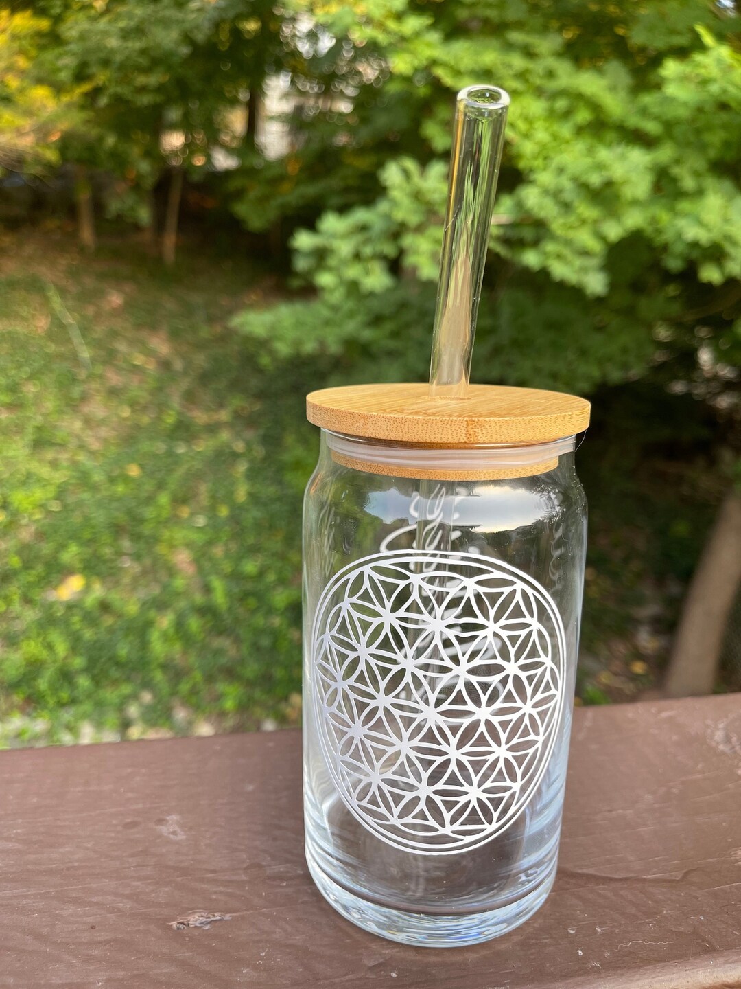 Flower of Life Glass Cup With Bamboo Lid & Glass Straw - Etsy
