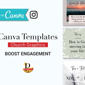 May include: A promotional image for Canva templates, featuring the text "Canva Templates" and "Church Graphics." The image includes sample social media posts with questions like "Would You Rather..." and "Tell us How is God moving in your life?" The image also includes the Instagram logo.
