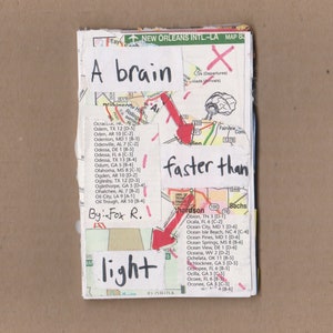 Puede incluir: Un collage de recortes de papel con un mapa de los Estados Unidos, una X roja y texto escrito a mano que dice "Un cerebro más rápido que la luz" y "Por: Fox R."