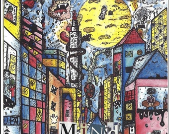 Puede incluir: Una ilustración abstracta y colorida de una ciudad con una gran luna amarilla en el cielo. El texto "Welcome to my Neurodivergent Mind" está escrito en la parte superior de la imagen. El texto "By: Fox R." está escrito en la parte inferior de la imagen.