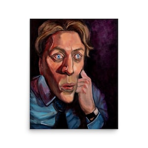 May include: A painting of a man with light brown hair, wearing a blue shirt and a dark tie. He has a worried expression on his face and his eyes are wide open. The background is a dark purple.
