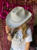 White Glitter Rhinestone Fringe Disco Cowgirl Party Hat