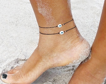 2 tobilleras blancas de ojo malvado para mujer, pulsera de tobillo de hilo negro