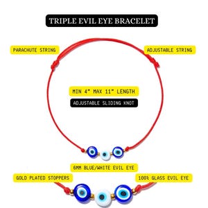 Pu&ograve; includere: Braccialetto rosso regolabile con tre perline a forma di occhio. Il braccialetto ha fermi placcati in oro ed &egrave; realizzato con un cordino da paracadute. Il testo sull'immagine dice "Triple Evil Eye Bracelet" e la lunghezza &egrave; regolabile da 10 a 28 cm.