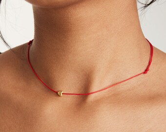 Tiny Heart Red Cord Necklace, Minimalist Cute Love String Choker