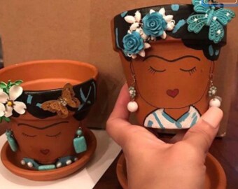 Frida Kahlo Theme Terra Cotta Custom Planter Pot