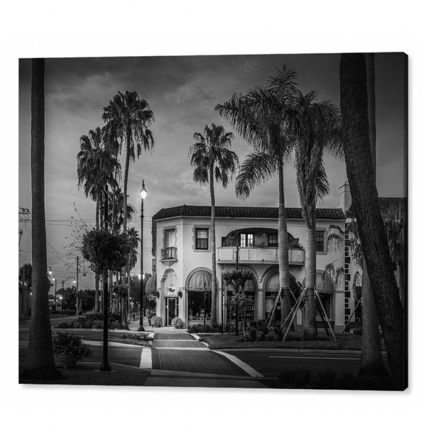 Downtown Venice Florida, Canvas Print, Photo Print, Black and White, Historic Building, Old Florida, Cityscape by Liesl Walsh Photography