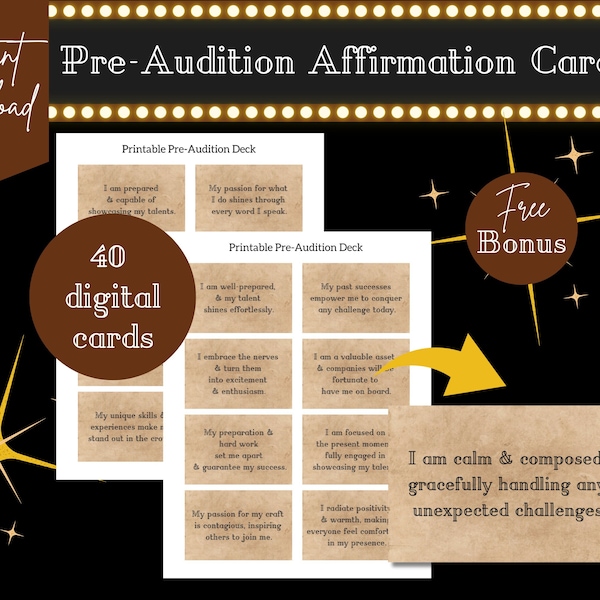 40 Pre-Audition Affirmation Cards, Printable Deck, Affirmations for Actors, Gifts for Performers, editable Canva template, Star Cards