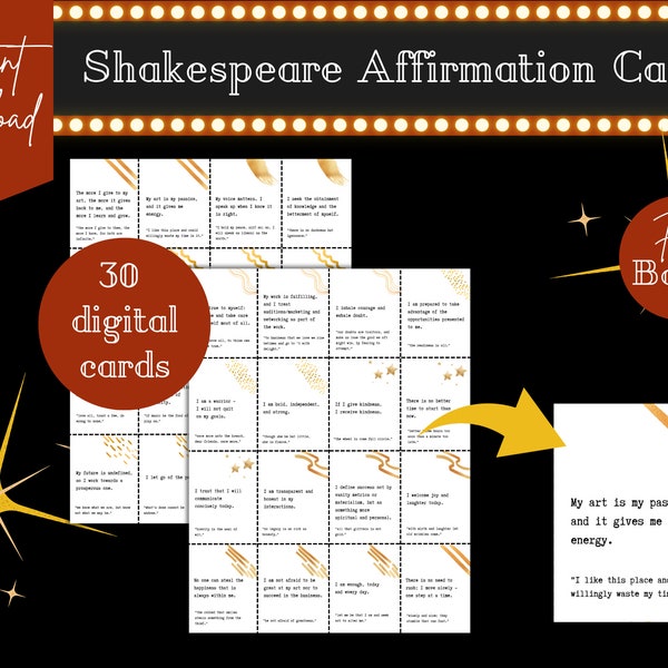 30 Shakespeare Affirmation Cards, Printable Deck, Daily Affirmations for Actors, Artists, Theatre Lovers, editable Canva template,Star Cards