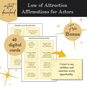May include: A set of 40 digital affirmation cards for actors, featuring positive affirmations about success, talent, and confidence. The cards are designed with a yellow background and gold glitter accents. The text "Free Bonus" is highlighted in a yellow circle with gold glitter accents. The bonus card reads "I trust in my abilities and embrace every opportunity."