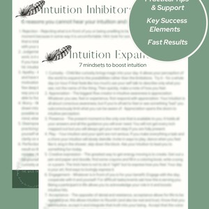 May include: A black and white image of a feather with the text "Intuition Inhibitors" and "Intuition Expand 7 mindsets to boost intuition" on a white background. The text "Practical Tips & Support", "Key Success Elements", and "Fast Results" is in a circle with a white background.