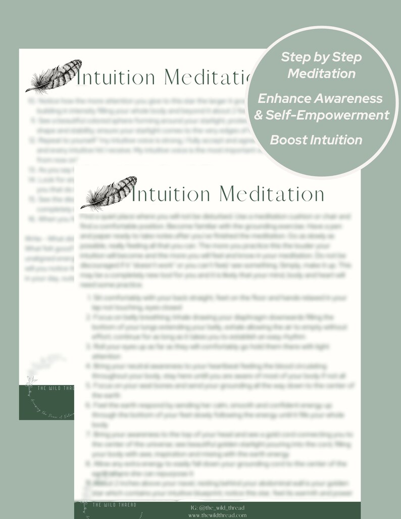 May include: A printable guide with a black and white feather illustration and the text "Intuition Meditation" and "Step by Step Meditation" with the subheading "Enhance Awareness & Self-Empowerment" and "Boost Intuition".