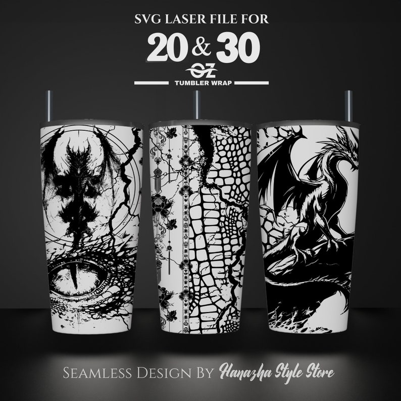 Pu&ograve; includere: Tre involucri per bicchieri neri e bianchi con diversi design. I design includono un drago, uno schema floreale e un drago con un occhio. Il testo "SVG LASER FILE FOR 20 & 30 OZ TUMBLER WRAP" &egrave; nella parte superiore dell'immagine. Il testo "SEAMLESS DESIGN BY Hanazha Style Store" &egrave; nella parte inferiore dell'immagine.