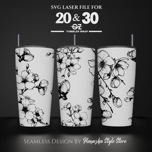 20 オンスおよび 30 オンスのタンブラー用、桜のレーザー彫刻フルラップ デザイン、花の SVG レーザー ファイル、レーザー ロータリー マシン用タンブラー ラップ。