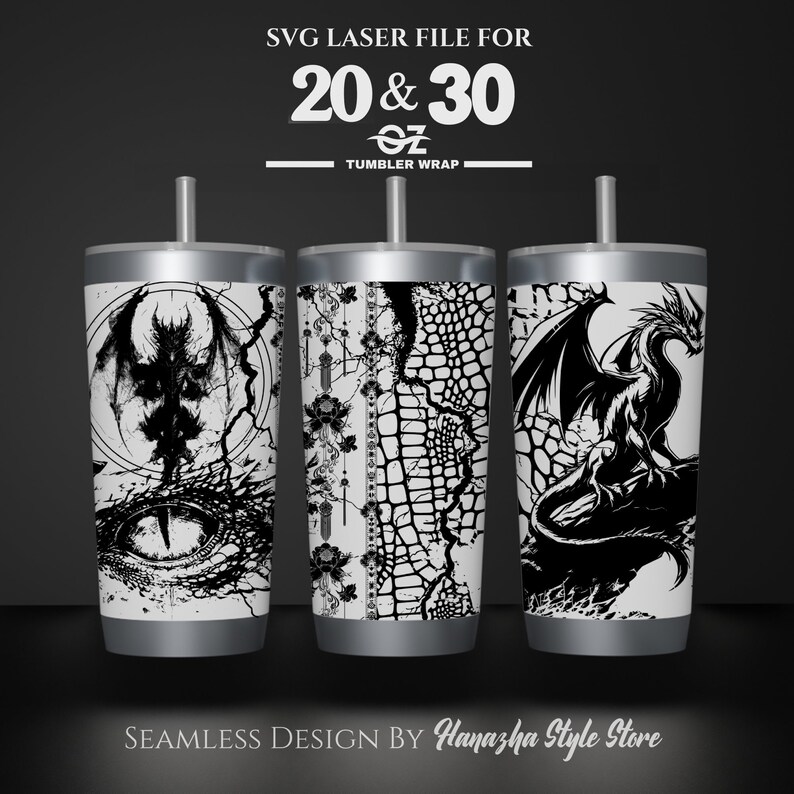 Pu&ograve; includere: Tre involucri per tumbler in bianco e nero con un design a drago. Gli involucri sono per tumbler da 20 e 30 once. Il testo "SVG LASER FILE FOR 20 & 30 oz TUMBLER WRAP" &egrave; nella parte superiore dell'immagine. Il testo "Seamless DESIGN BY Hanazha Style Store" &egrave; nella parte inferiore dell'immagine.
