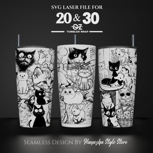 May include: Black and white seamless design featuring a variety of cats for a 20 or 30 ounce tumbler wrap. SVG Laser File for 20 & 30 oz Tumbler Wrap. Seamless Design by Hanazha Style Store.