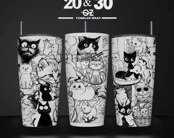 Può includere: Design senza cuciture in bianco e nero con una varietà di gatti per un involucro per bicchiere da 20 o 30 once. File laser SVG per involucro per bicchiere da 20 e 30 once. Design senza cuciture di Hanazha Style Store.