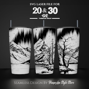 Puede incluir: Diseño digital en blanco y negro con una escena de montaña con un lago y árboles. El diseño es para una envoltura de vaso de 20 o 30 onzas. El texto "SVG LASER FILE FOR 20 & 30 oz TUMBLER WRAP" está en la parte superior de la imagen. El texto "SEAMLESS DESIGN BY Hanazha Style Store" está en la parte inferior de la imagen.