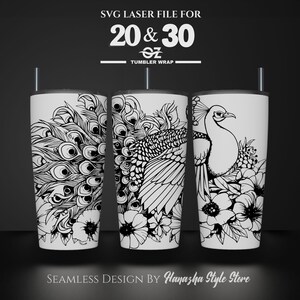 May include: Black and white SVG laser cut file design of a peacock with flowers for a 20 or 30 ounce tumbler wrap. The design is seamless and can be used for both sizes.