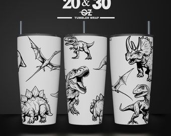 Può includere: Un design senza cuciture con illustrazioni in bianco e nero di dinosauri, tra cui un T-Rex, un Triceratopo e un Pterodattilo. Questo design è per un rivestimento per bicchiere da 20 o 30 once. File laser SVG per bicchiere da 20 e 30 once. Design senza cuciture di Hanazha Style Store.