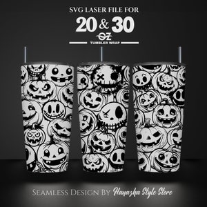 May include: Black and white seamless design featuring a pattern of jack-o'-lantern faces for a 20 oz or 30 oz tumbler wrap. SVG Laser File for 20 & 30 oz Tumbler Wrap. Seamless Design by Hanazha Style Store.